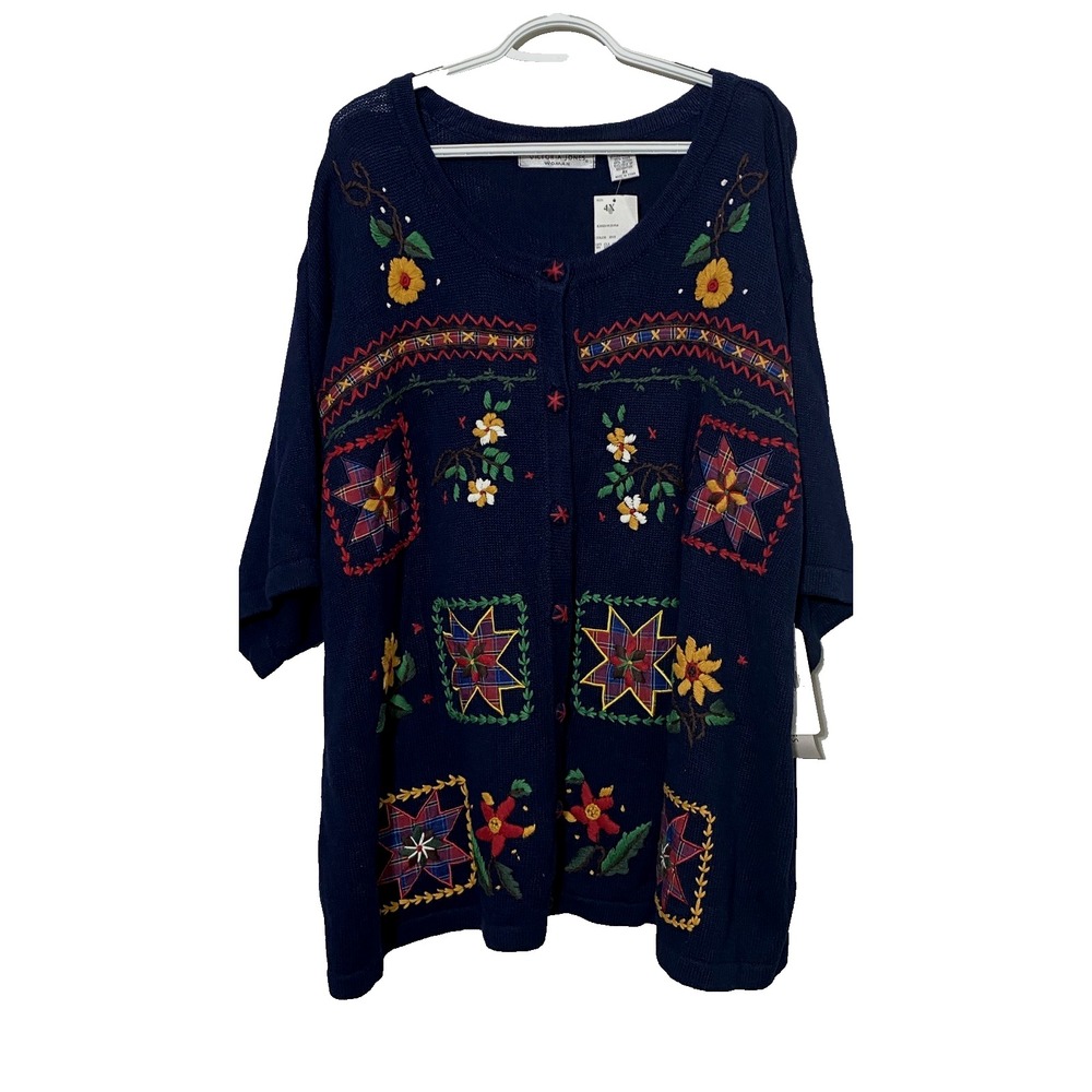 NEW - Victoria Jones Women Cardigan Sweater 4X Embroidered Knit Patchwork